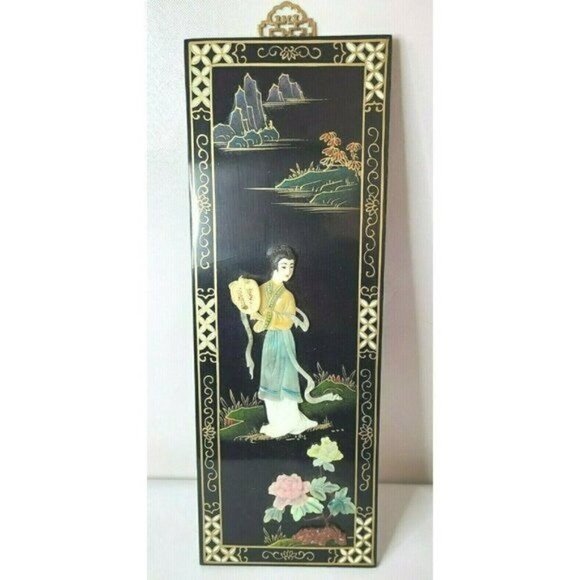 Vintage Japanese Shibayama Gilt Artwork Geisha Lady Inlaid Lacquered Wall Panel - Picture 1 of 6